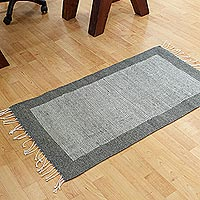 Wool area rug, 'Fine Lines' - Hand Woven Grey and Ecru Wool Area Rug