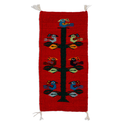 Wool table runner, 'Birds of Teotitlan in Red' - Small Wool Table Runner in Red with Birds