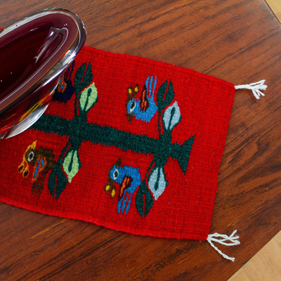 Wool table runner, 'Birds of Teotitlan in Red' - Small Wool Table Runner in Red with Birds