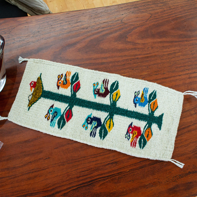 Wolltischläufer, „Vögel von Teotitlan in Ecru“. - Handgeflochtener kleiner Tisch aus Ecru-Wolle RUnner mit Vögeln