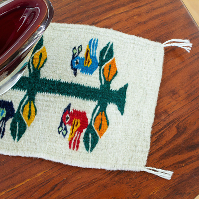 Wool table runner, 'Birds of Teotitlan in Ecru' - Hand Woven Small Ecru Wool Table RUnner with Birds