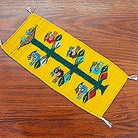 Wool table runner, 'Birds of Teotitlan in Maize' - Yellow/Multi Bird Themed Small Wool Table Runner