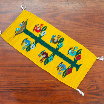 Wool table runner, Birds of Teotitlan in Maize