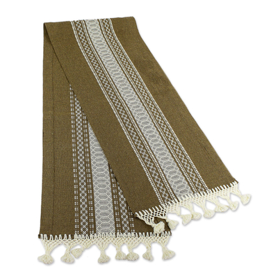 Camino de mesa de algodón - Camino de mesa tejido a mano en algodón zapoteca marrón liquen y marfil