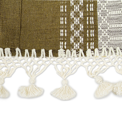 Tischläufer aus Baumwolle - Handgewebter Tischläufer aus zapotekischer Baumwolle in Flechtenbraun und Elfenbein