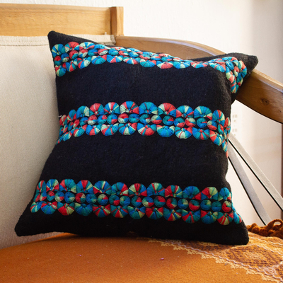 Wool cushion covers, 'Chiapas Cheer in Black' (pair) - Black Wool Cushion Covers with Colorful Embroidery (Pair)
