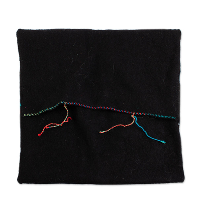 Wool cushion covers, 'Chiapas Cheer in Black' (pair) - Black Wool Cushion Covers with Colorful Embroidery (Pair)