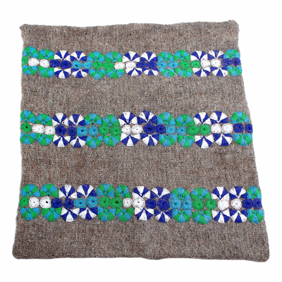 Wool cushion cover, 'Chiapas Cheer in Grey' - Handmade Embroidered Grey Wool Cushion Cover