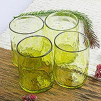 Blown glass juice glasses, 'Golden Lime' (set of 4) - 4 Handblown Golden Lime Recycled Glass Juice Glasses 8 Oz