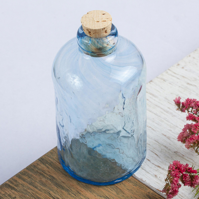 botella de vidrio soplado - Botella de vidrio reciclado azul soplado a mano ecológica con corcho