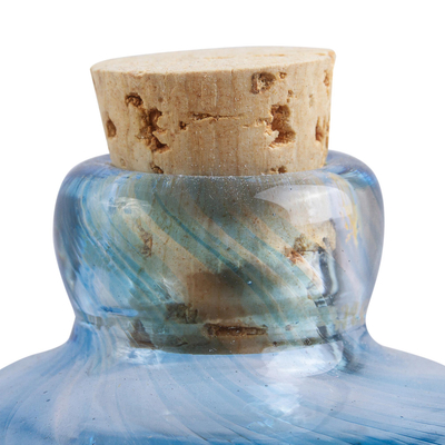 Blown glass bottle, 'Azure Currents' - Eco Friendly Handblown Azure Recycled Glass Bottle w/ Cork