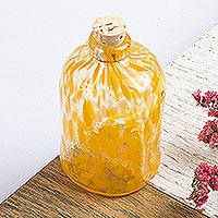 Blown glass bottle, 'Yellow Currents' - Eco Friendly Handblown Yellow Recycled Glass Bottle w/ Cork