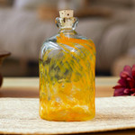 Blown glass bottle, 'Yellow Currents' - Eco Friendly Handblown Yellow Recycled Glass Bottle w/ Cork