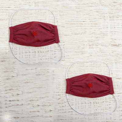 Cotton face masks, 'Burgundy Berry' (pair) - 2 Handwoven Embroidered Burgundy Cotton Face Masks