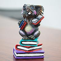 Ceramic sculpture, 'Elephant Reads' - Limited Edition Reading Elephant Sculpture from Mexico
