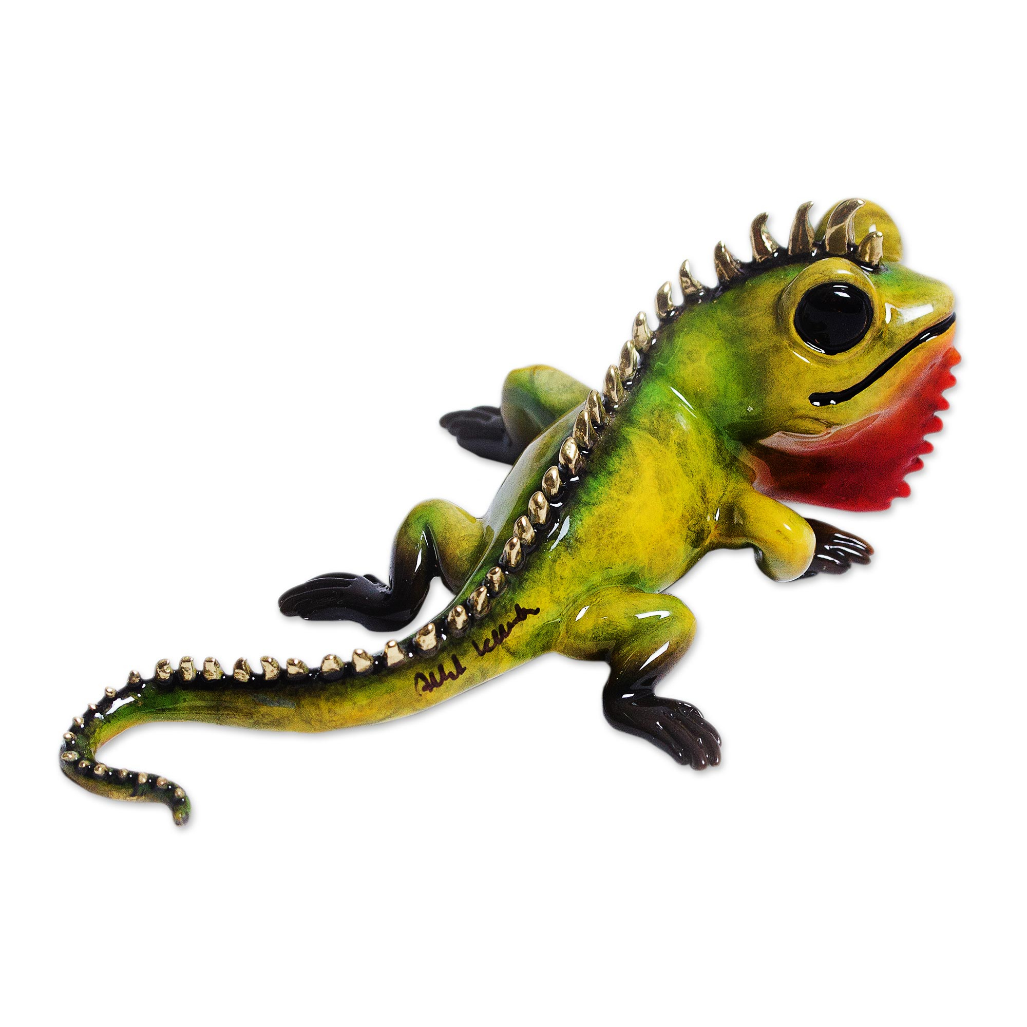 Hand Cast and Painted Bronze Iguana Figurine - Little Iguana | NOVICA