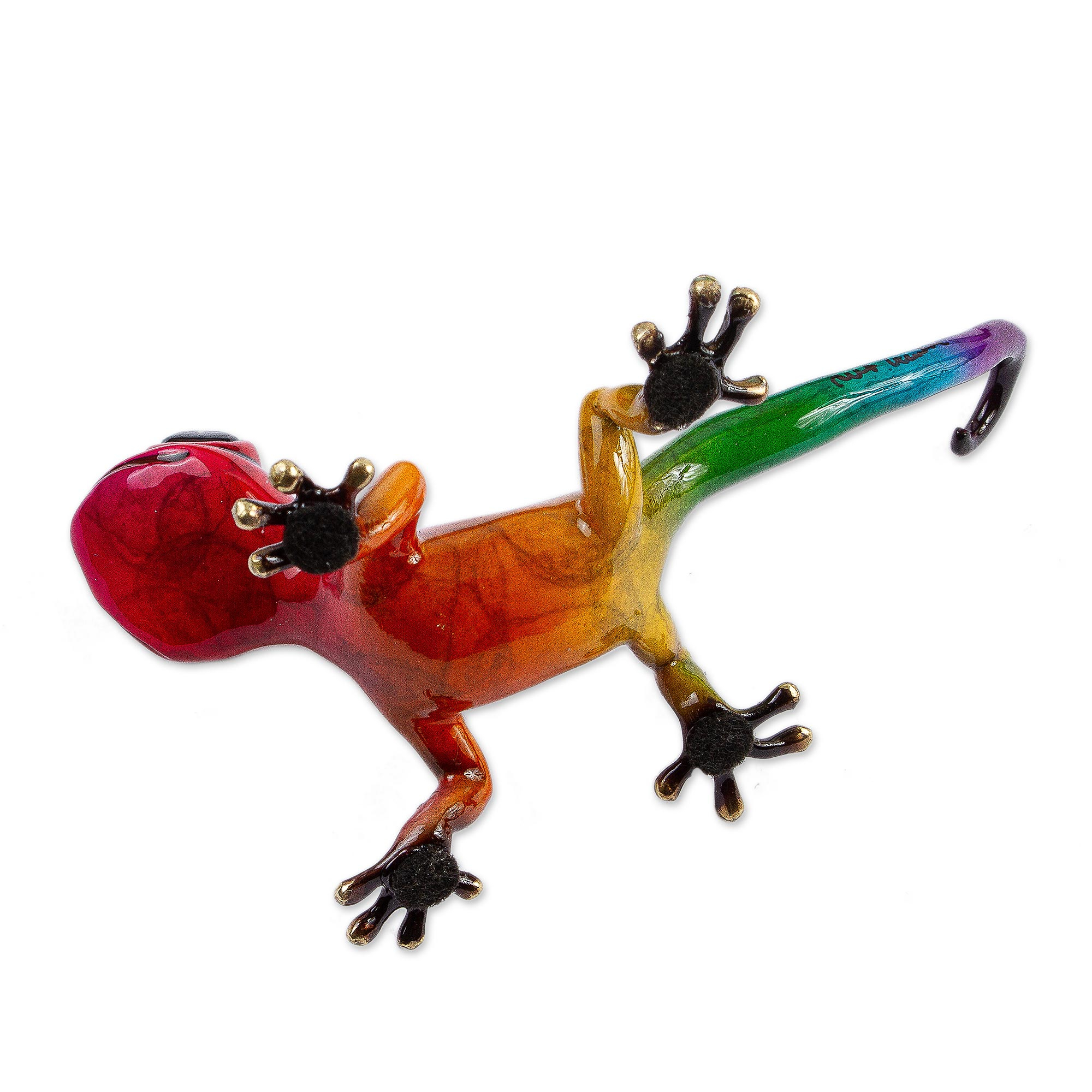 Rainbow Colored Bronze Gecko Figurine - Rainbow Gecko | NOVICA