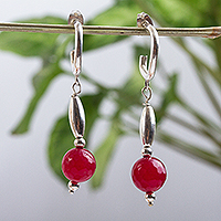 Agate half hoop earrings, 'Scarlet Memories' - Modern Red Agate and Sterling Silver Half Hoop Earrings