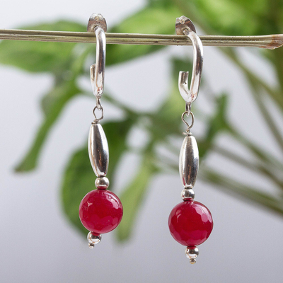 Agate half hook earrings, 'Scarlet Memories' - Modern Red Agate and Sterling Silver Half Hook Earrings