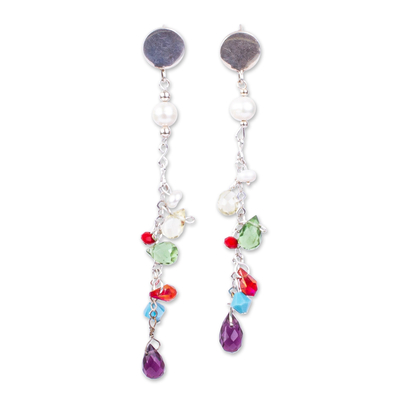 Cultured pearl and amethyst dangle earrings, 'Joyous Song' - Cultured Pearl and Amethyst Beaded Sterling Silver Earrings