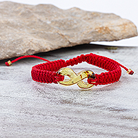 Amber pendant wristband bracelet, 'Infinite Mystery' - Amber Infinity Pendant Bracelet with Red Macrame