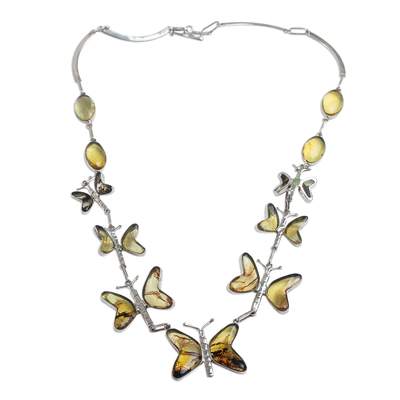 Amber pendant necklace, 'Butterfly Garland' - Amber and Sterling Silver Garland Necklace