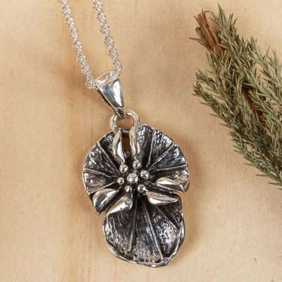 Sterling silver pendant necklace, 'Taxco Lotus' - Detailed Taxco Silver Lotus Blossom Pendant Necklace