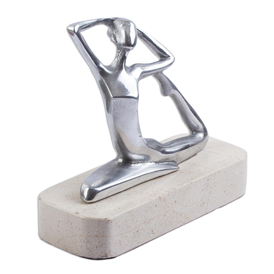 Aluminum and marble sculpture, 'Ballerina Grace in Beige' - Aluminum Ballerina Dancer Sculpture on Marble Base