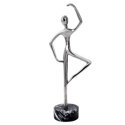 Aluminum and marble sculpture, 'Ballerina Balance in Grey' - Ballerina Pirouette Statuette Hand Cast from Aluminum