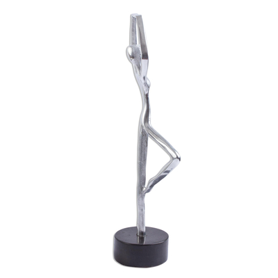Aluminum and marble sculpture, 'Ballerina Balance in Black' - Artisan Crafted Cast Aluminum Dancer Statuette