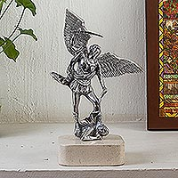 Aluminum and marble sculpture, 'Archangel Michael in Beige' - Hand Cast Aluminum and Marble Archangel Statuette