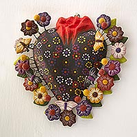 Ceramic wall art, 'Floral Butterfly Heart'