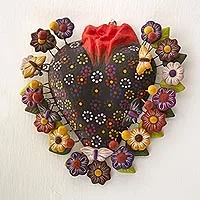 Arte de pared de cerámica, 'Corazón de mariposa floral' - Escultura de pared de corazón floral estilo árbol de vida de cerámica