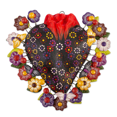 Ceramic wall art, 'Floral Butterfly Heart' - Ceramic Tree of Life Style Floral Heart Wall Sculpture