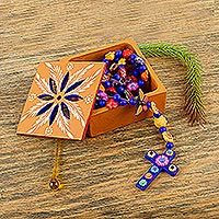 Rosario de cerámica y caja de almacenamiento, 'Rosario de flores' - Caja y rosario de cerámica floral decorativo hecho a mano