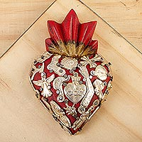 Wood wall art, 'Miraculous Burgundy Heart' - Burgundy Sacred Heart Wood Wall Sculpture with Milagros