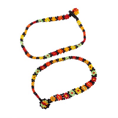 Beaded wristband bracelets, 'Daisy Way in Black' (pair) - Bright Colors Glass Beaded Floral Bracelet (pair)