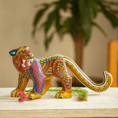 Wood alebrije figurine, 'Yellow Zapotec Jaguar' - Hand Carved and Painted Ornate Yellow Jaguar Alebrije