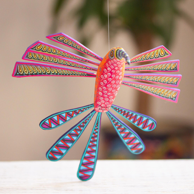 Figura de alebrije de madera, 'Hummingbird Fancy' - Escultura de colibrí Alebrije tallada y pintada a mano