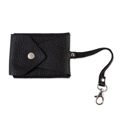 Leather key pouch, 'Seamless in Black' - Small Black Leather Key Bag with Strap