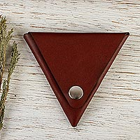 Leather coin purse, 'Triangulation' - Triangular Brown Leather Coin Purse