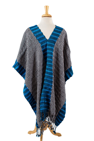 Cotton poncho, 'Highland Stripes' - Black and White Cotton Poncho with Colorful Trim
