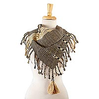 Bufanda de algodón, 'Chiapas Charm' - Bufanda de algodón estampada artesanal en beige y negro