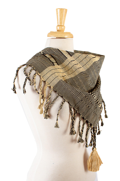 Cotton scarf, 'Chiapas Charm' - Artisan Crafted Beige and Black Patterned Cotton Scarf