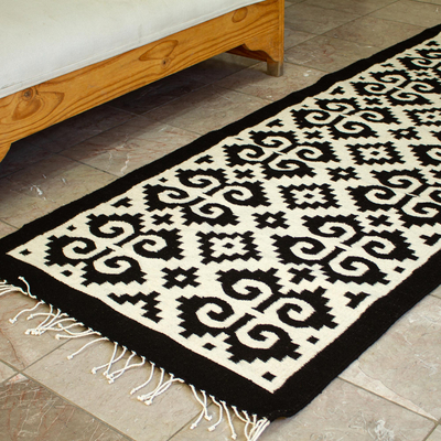 Long Black and Off-White Wool Runner Rug, 'Dramatic Fretwork'