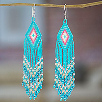 Glass beaded waterfall earrings, 'Turquoise Cascade' - Huichol Handcrafted Beadwork Waterfall Earrings