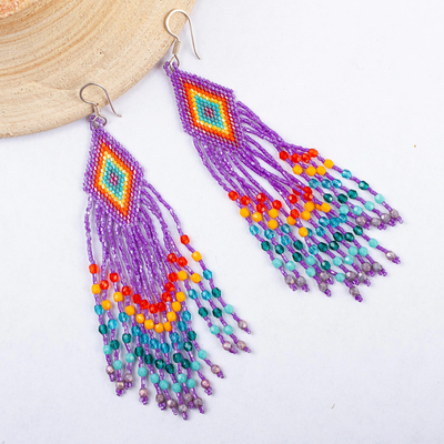 Glass beaded waterfall earrings, 'Huichol Violet Cascade' - Huichol Handcrafted Violet Beadwork Waterfall Earrings