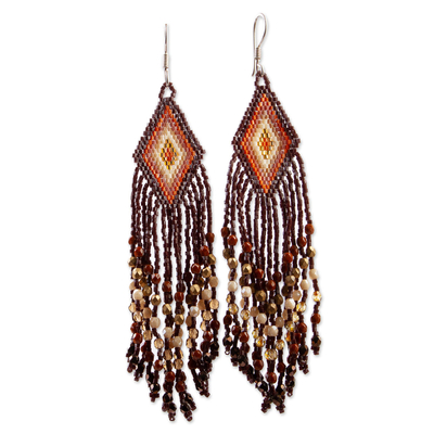 Glass beaded waterfall earrings, 'Espresso Brown Cascade' - Huichol Handcrafted Espresso Brown Beadwork Earrings