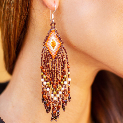 Glass beaded waterfall earrings, 'Espresso Brown Cascade' - Huichol Handcrafted Espresso Brown Beadwork Earrings
