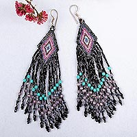 Glass beaded waterfall earrings, 'Black Cascade' - Huichol Handcrafted Black Beadwork Waterfall Earrings